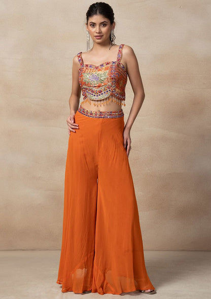 Orange Sharara Set With Mirror Embroidered Blouse And Dupatta