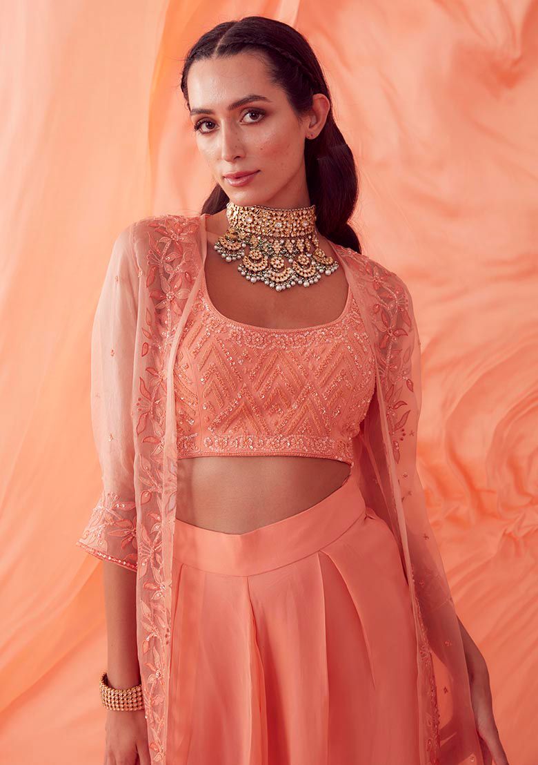 SANJEV MARWAAHA Peach 3D Embroidered Jacket Set