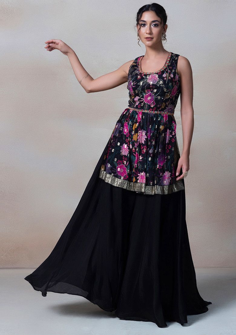 Black Floral Print Sharara Set With Sequin Embellished Short Kurta And Dupatta