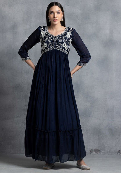 Navy Blue Floral Hand Embroidered Anarkali Kurta With Dupatta