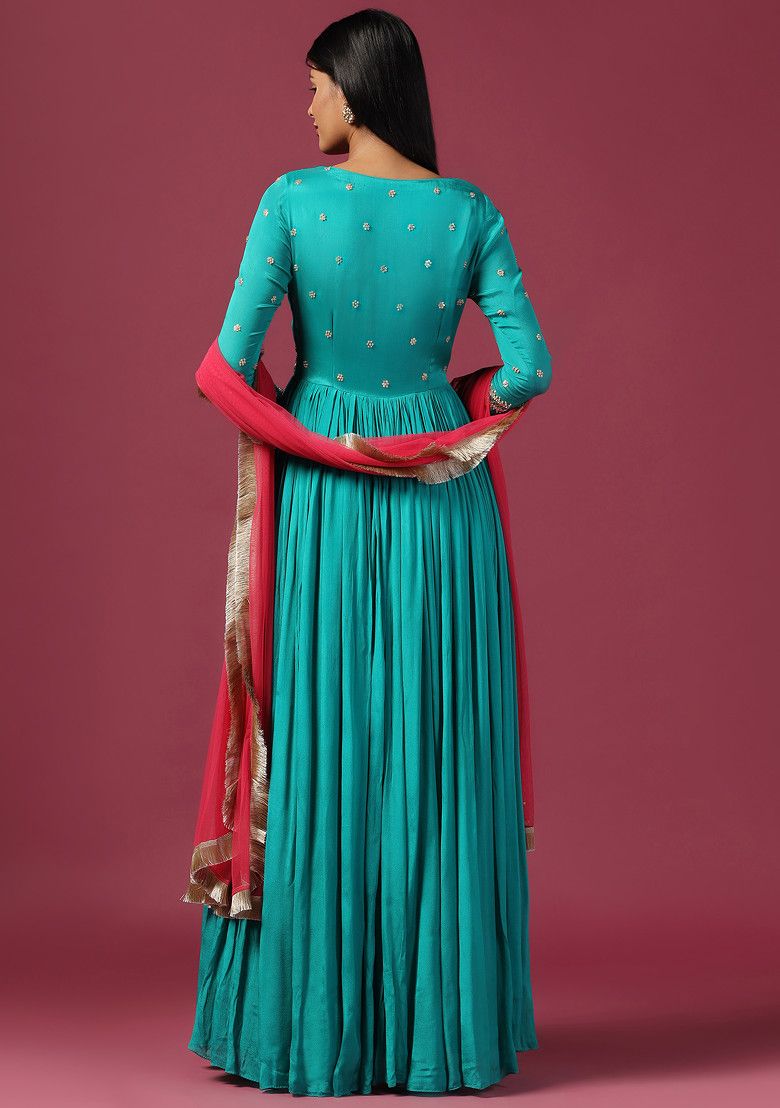 Teal Blue Zari Embroidered Anarkali Set