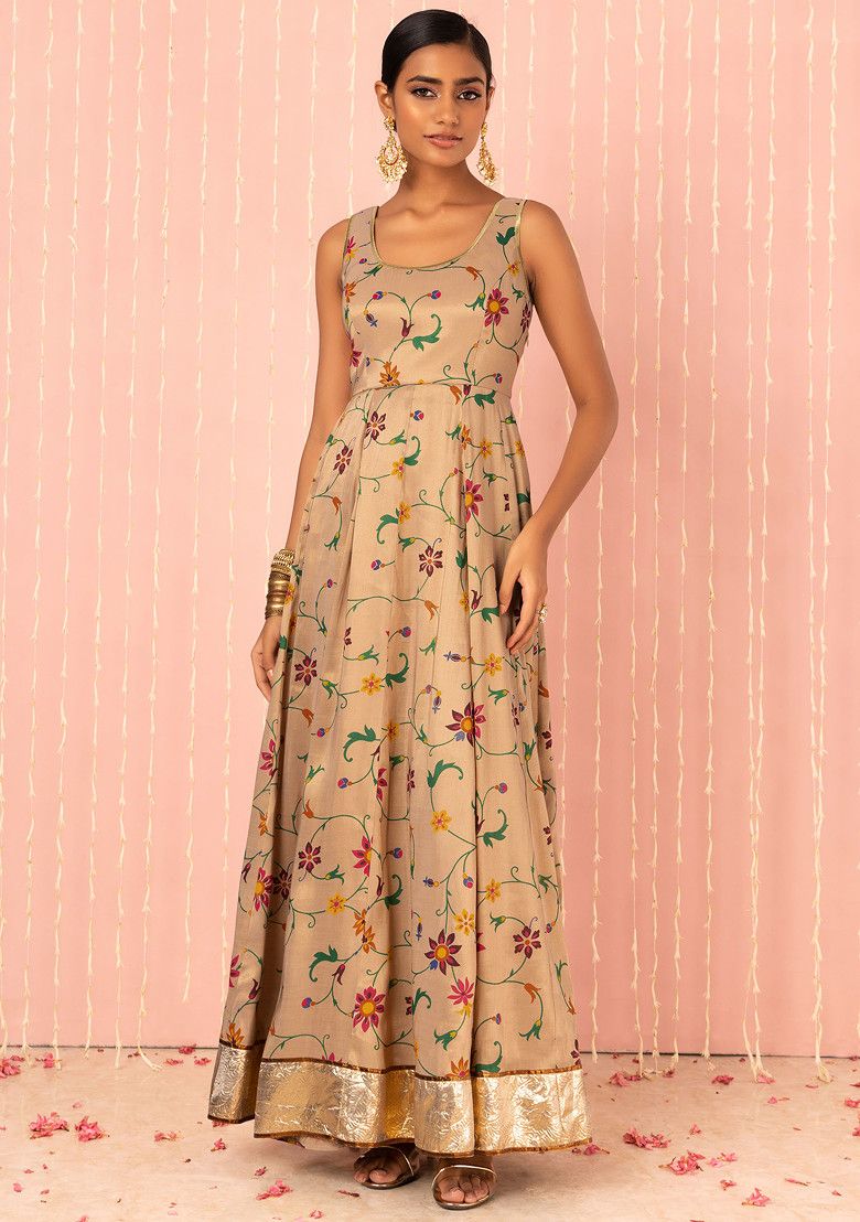 Gold Floral Print Maxi Anarkali Kurta