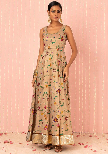 Gold Floral Print Maxi Anarkali Kurta