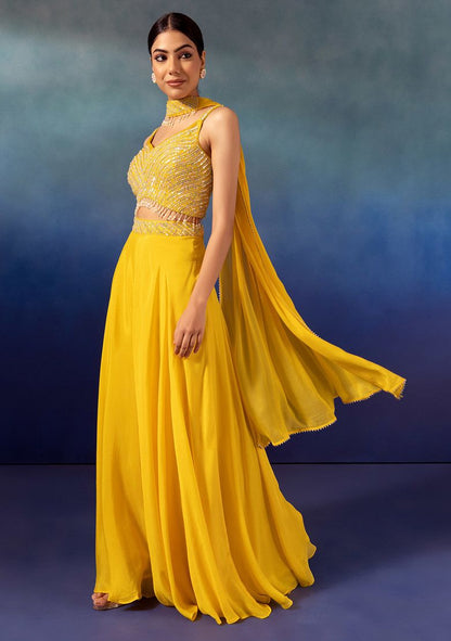 Yellow Palazzo Set With Tonal Sequin Embroidered Blouse And Dupatta