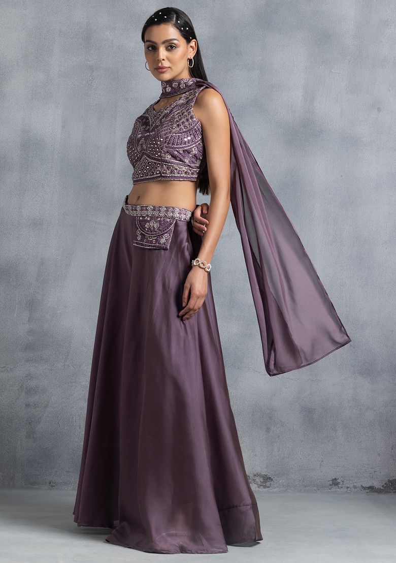 Purple Sharara Set With Floral Mirror Embellished Blouse And Dupatta