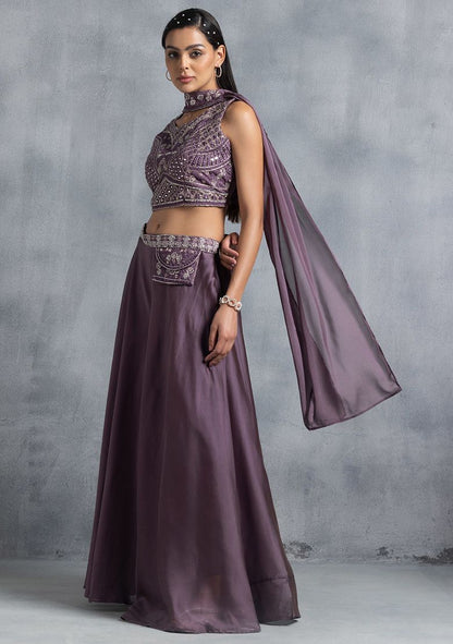 Purple Sharara Set With Floral Mirror Embellished Blouse And Dupatta