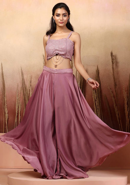 Pink Sharara Set With Sequin Embellished Blouse And Ruffled Dupatta