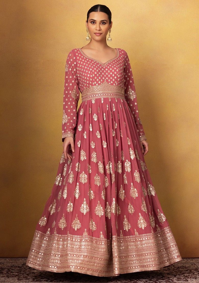 Pink Floral Sequin Embellished Anarkali Gown With Dupatta