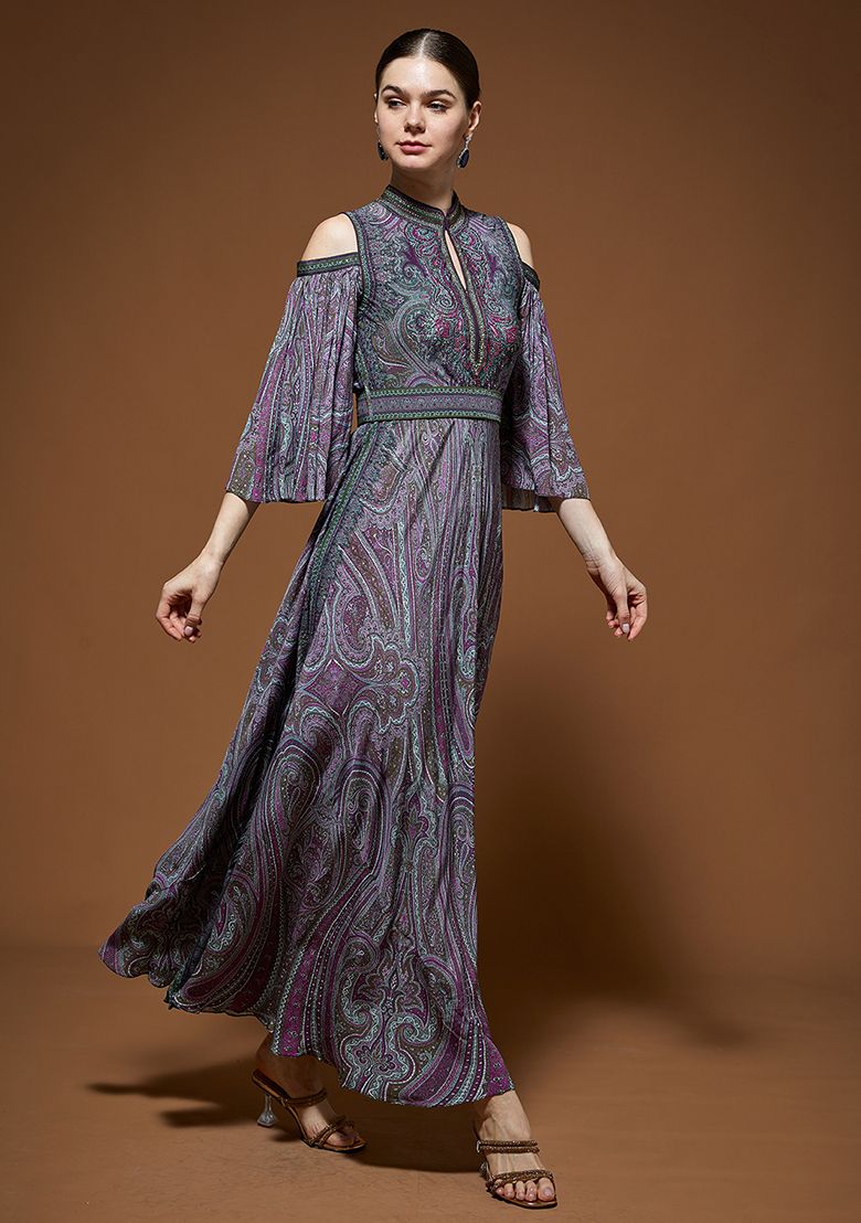 Purple Rhinestones Embroidered Bemberg Crepe Gown