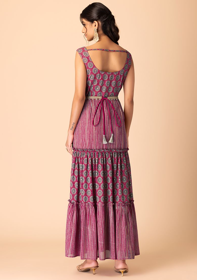 Dark Pink Ajrakh Print Tiered Maxi Dress With Dori Belt (Set of 2)