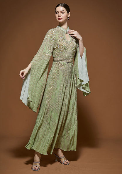 Pale Green Rhinestones Embroidered Bemberg Crepe Gown