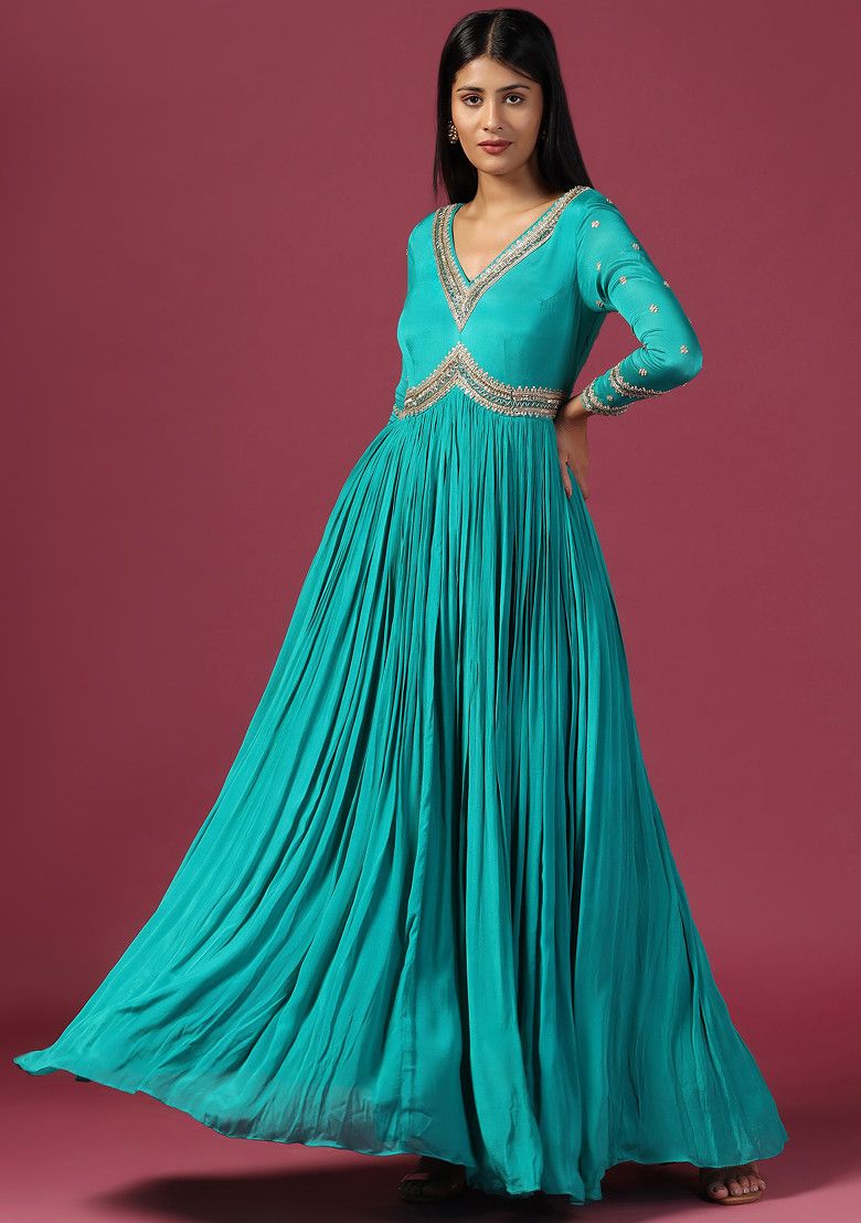 Teal Blue Zari Embroidered Anarkali Set