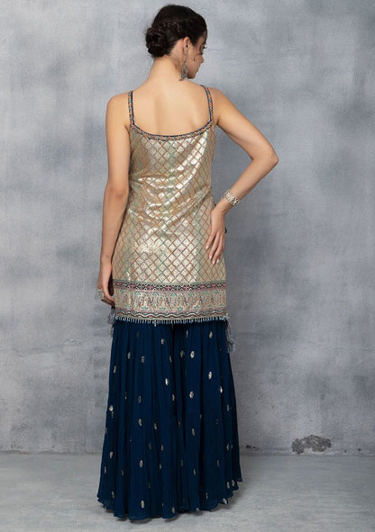 Teal Blue Sharara Set With Sequin Embellished Kurta And Mesh Dupatta