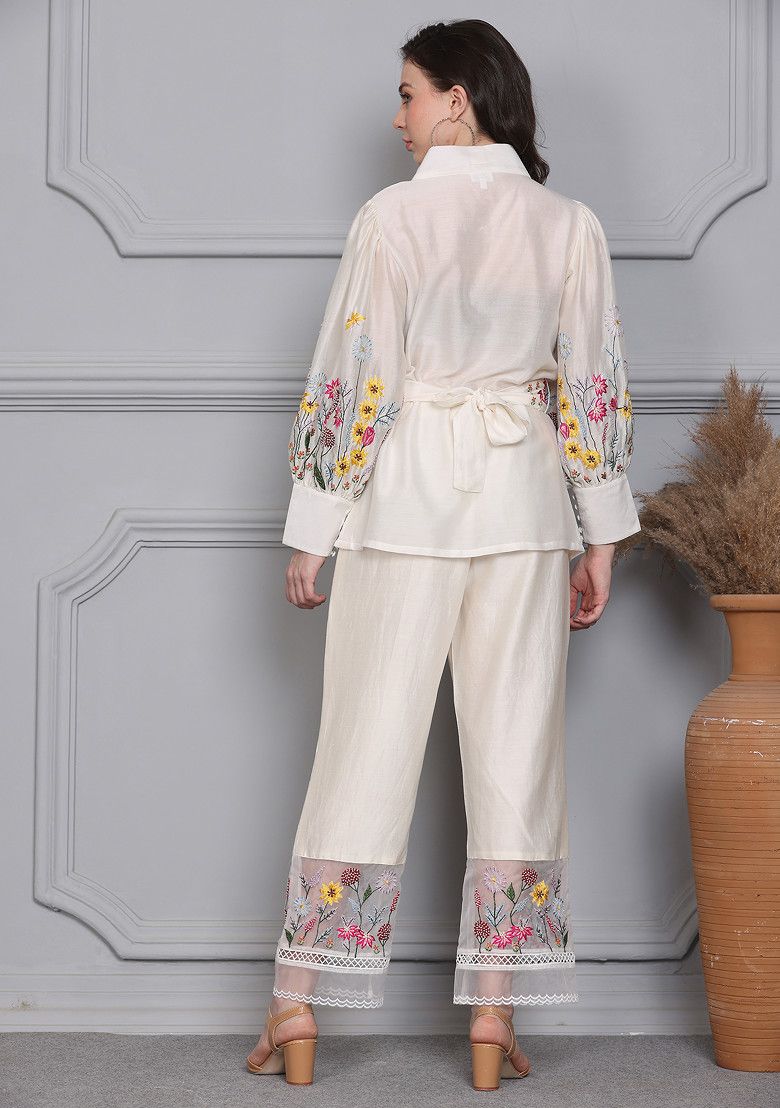 Off White Floral Escape Embroidered Chanderi Wrap Top And Pants Set