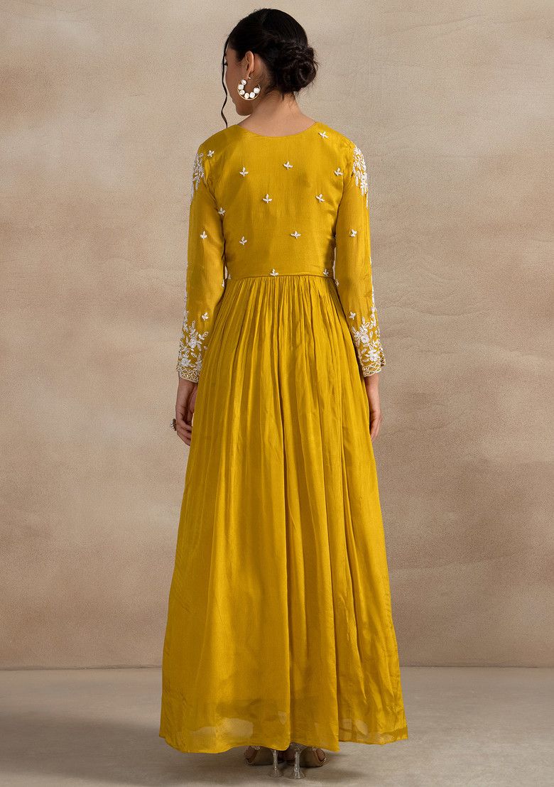 Mustard Cutdana Bead Embellished Kurta With Organza Dupatta