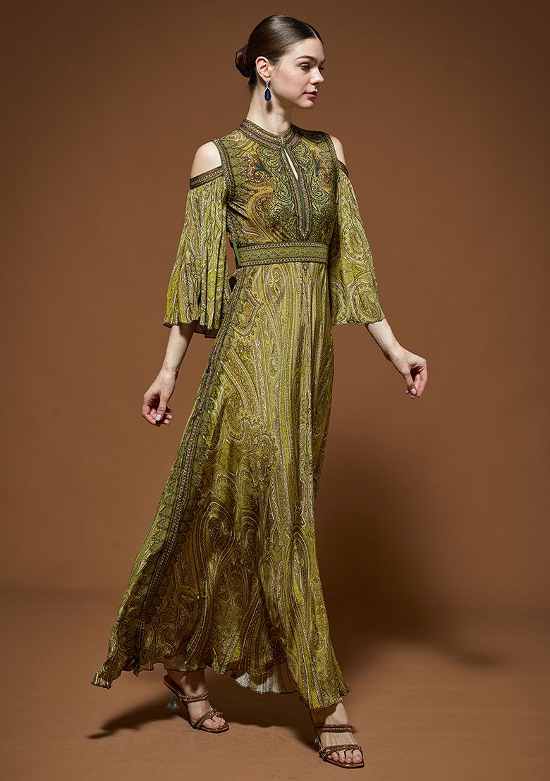 Olive Green Rhinestones Embroidered Bemberg Crepe Gown