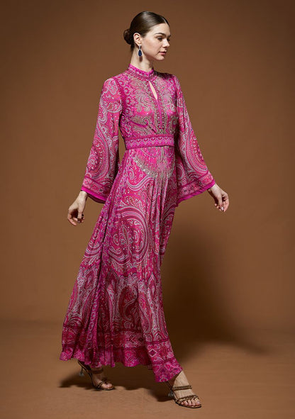 Fuchsia Printed Rhinestones Work Bemberg Crepe Gown