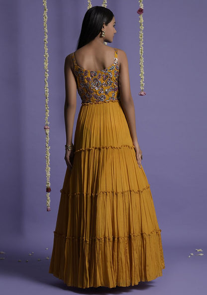 Yellow Multicolor Sequin Embroidered Gown