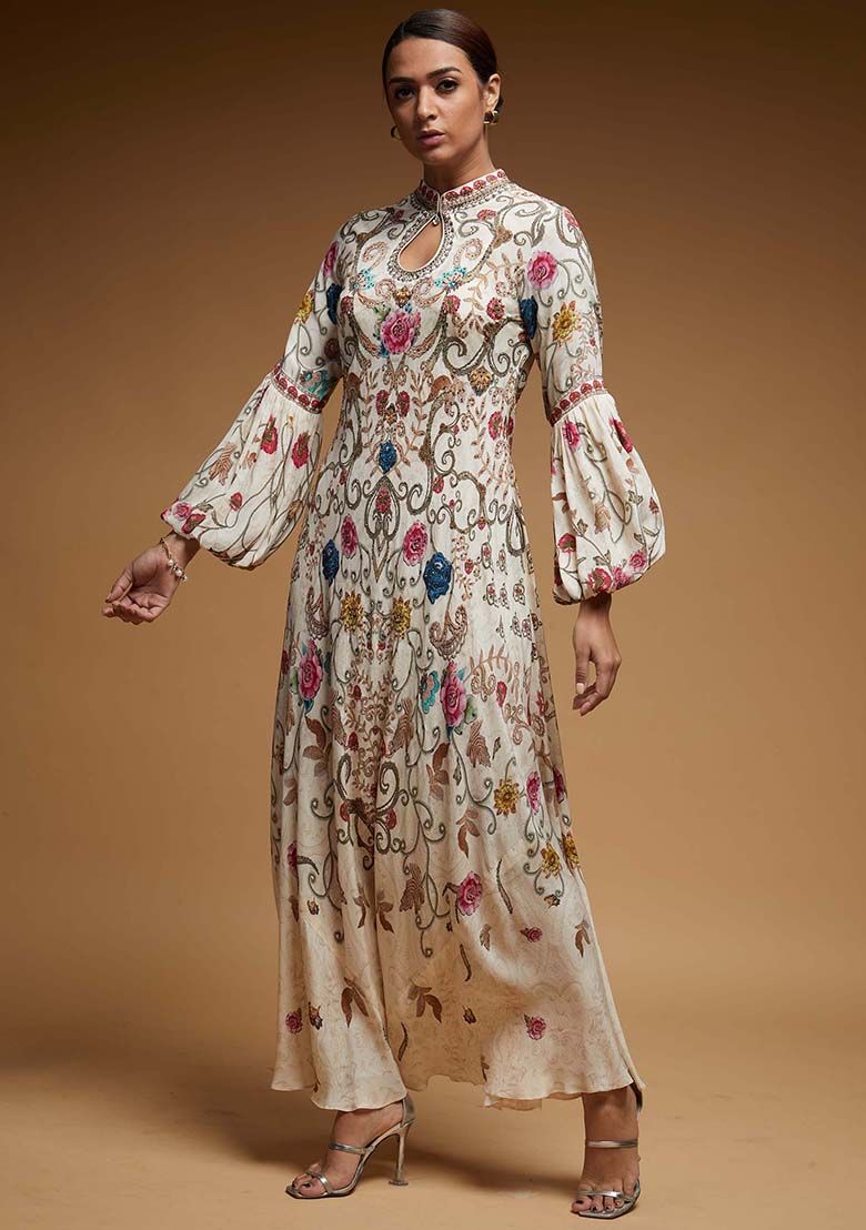 Ivory Printed Rhinestones Work Bemberg Crepe Gown