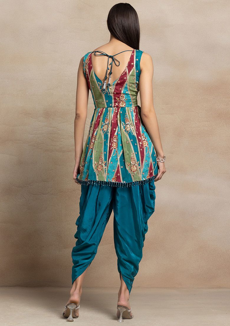 Teal Blue Zari Sequin Embellished Short Kurta Set With Dhoti Pants And Dupatta