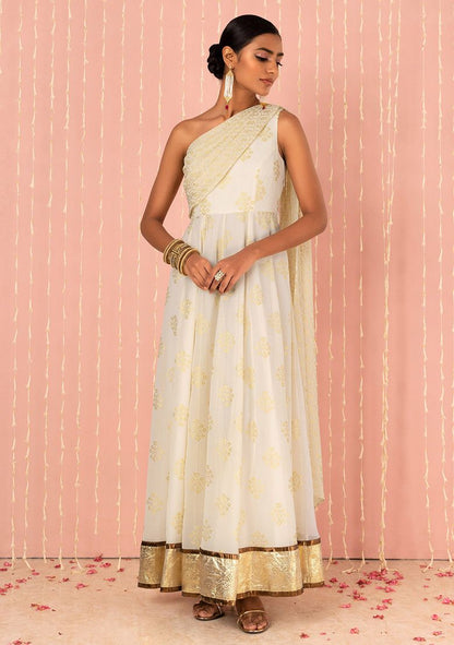 Ivory Foil Print One Shoulder Anarkali Kurta With Attached Drape