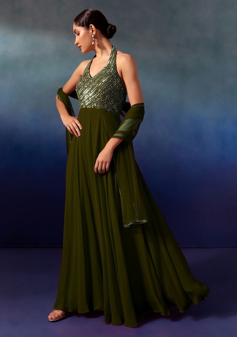 Olive Sequin And Bead Embellished Halter Anarkali Gown With Dupatta