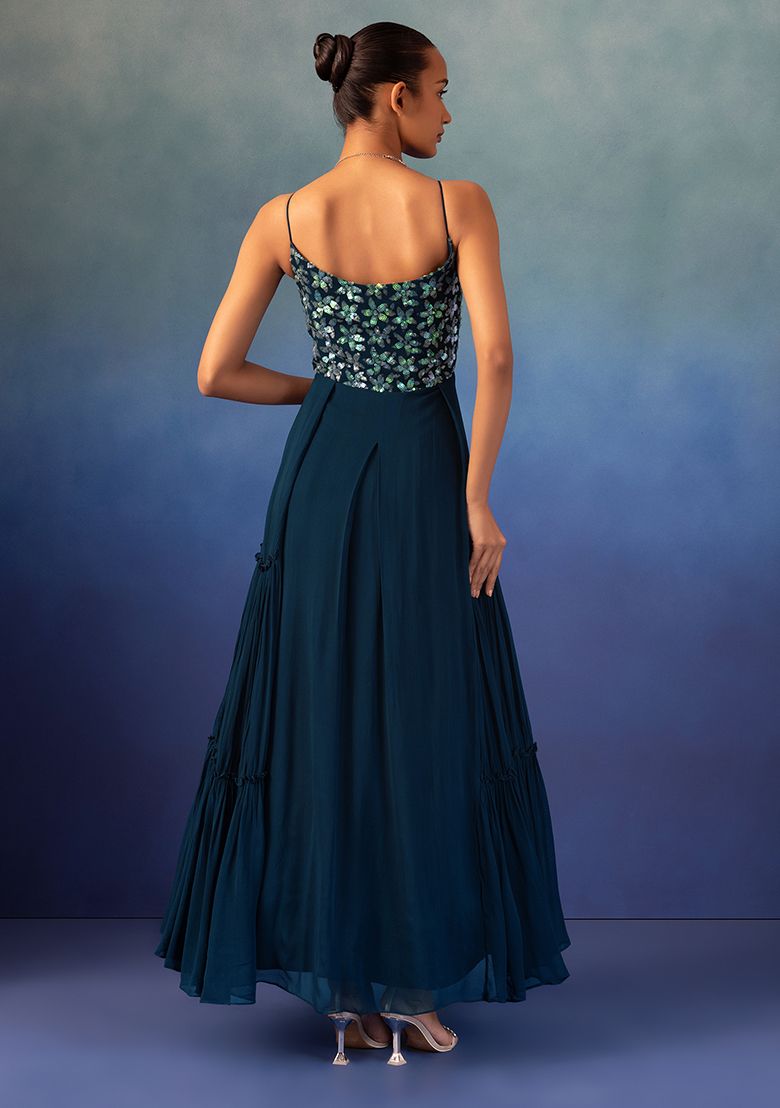 Teal Unicorn Sequin Embroidered Gown