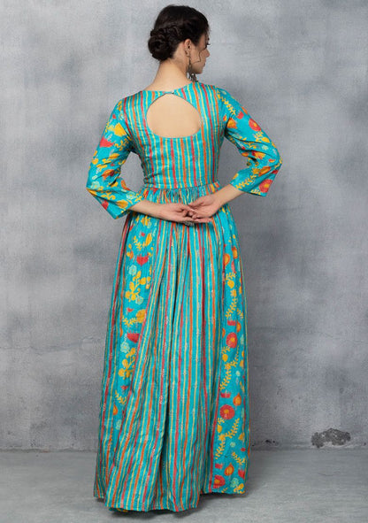 Turquoise Blue Embellished Anarkali Kurta With Chiffon Dupatta