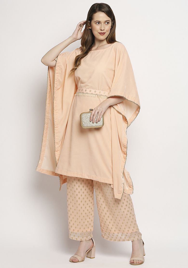 MONK AND MEI Peach Embroidrered Velvet Kaftan Set