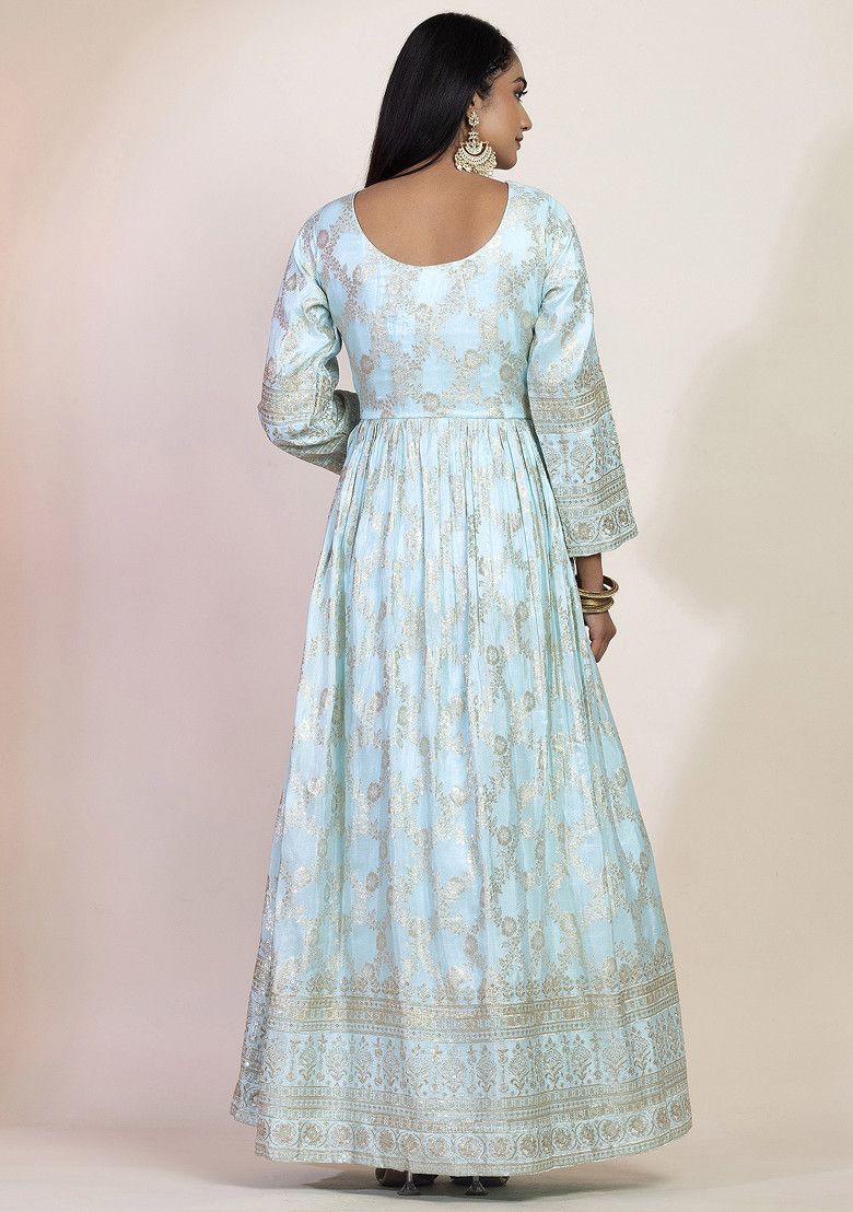 Pastel Blue Floral Print Brocade Anarkali With Dupatta