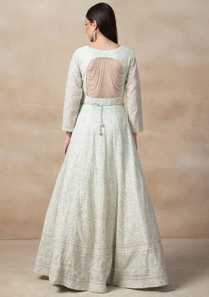 Sky Blue Floral Sequin Embroidered Anarkali Gown With Belt And Dupatta