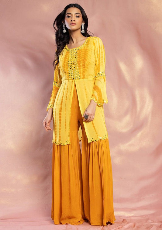 Mustard Tie Dye Print Embroidered Kurta Set With Palazzo And Dupatta