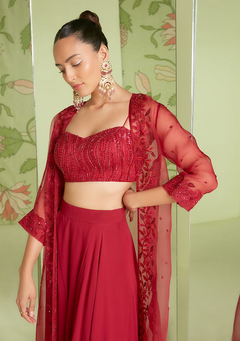 SANJEV MARWAAHA Cherry Red 3D Embroidered Jacket Set