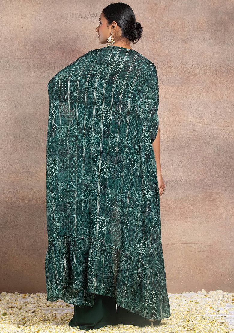 Deep Green Printed Jacket Set With Hand Embroidered Blouse And Palazzo