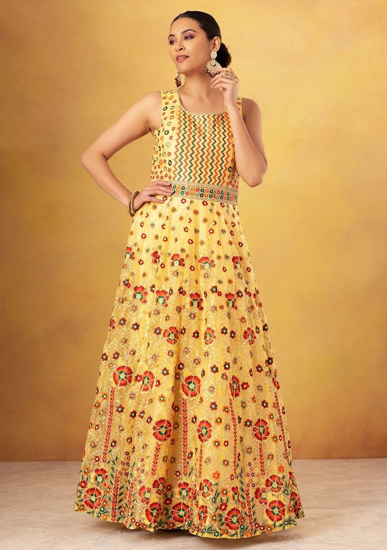 Yellow Floral Thread Embroidered Organza Anarkali Gown With Dupatta