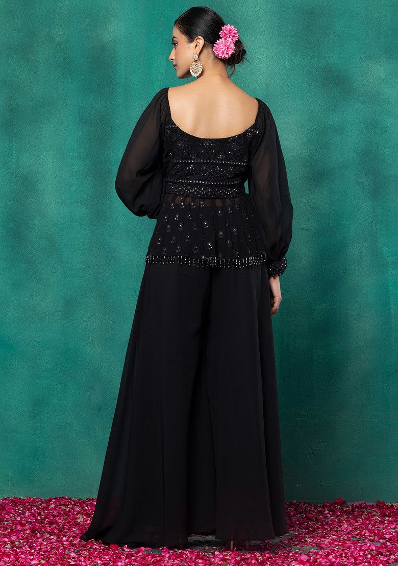 Black Floral Sequin Embroidered Short Kurta Set With Palazzo And Dupatta