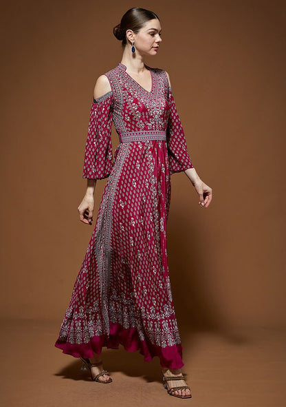 Fuchsia Rhinestones Embroidered Bemberg Crepe Gown