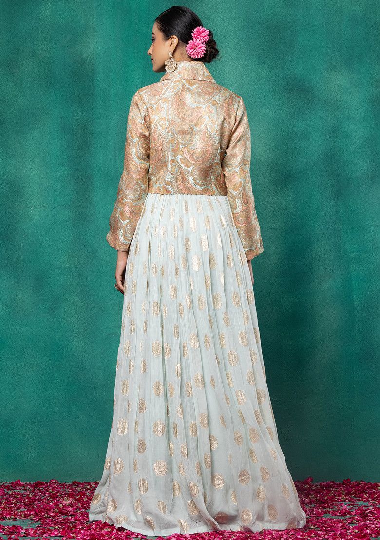 Light Green Printed Brocade Anarkali With Embroidered Short Jacket