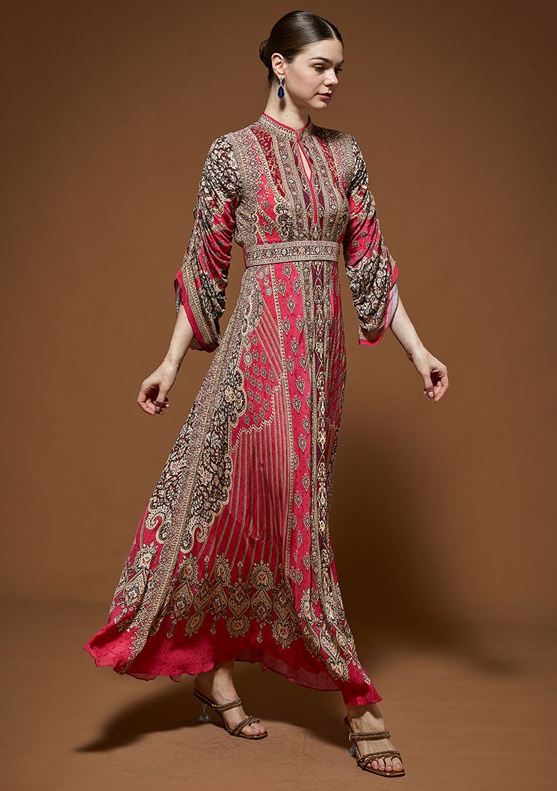 Rose Red Rhinestones Embroidered Crepe Gown