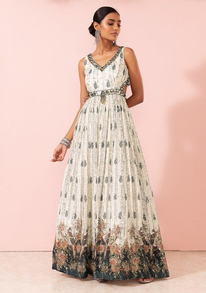 Off White Paisley Digital Print Embroidered Anarkali Gown