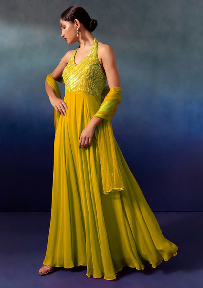 Yellow Sequin And Bead Embellished Halter Anarkali Gown With Dupatta