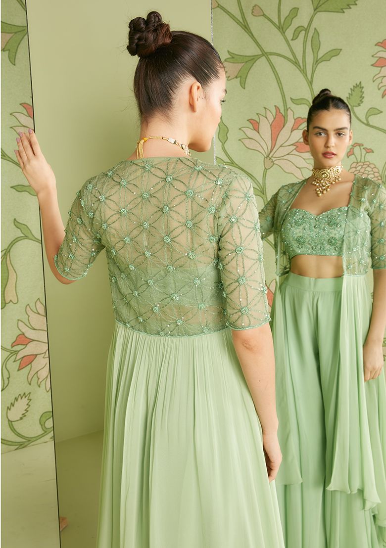 SANJEV MARWAAHA Sage Green 3D Embroidered Jacket Set