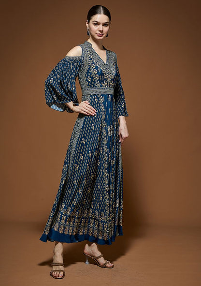 Blue Bemberg Crepe Rhinestones Embroidered Gown