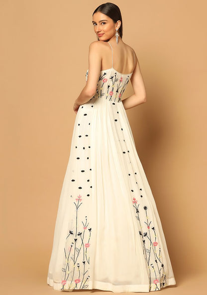 GYANS White Floral Embroidered Georgette Gown