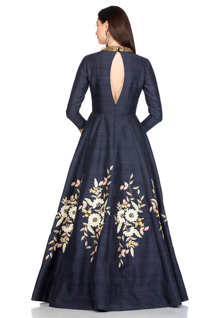 SALT AND SPRING Navy Blue Bouquet Embroidered Anarkali Gown