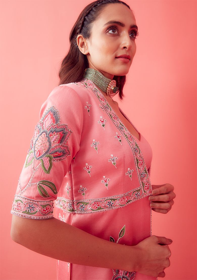 SANJEV MARWAAHA Soft Pink Thread Embroidered Jacket Set