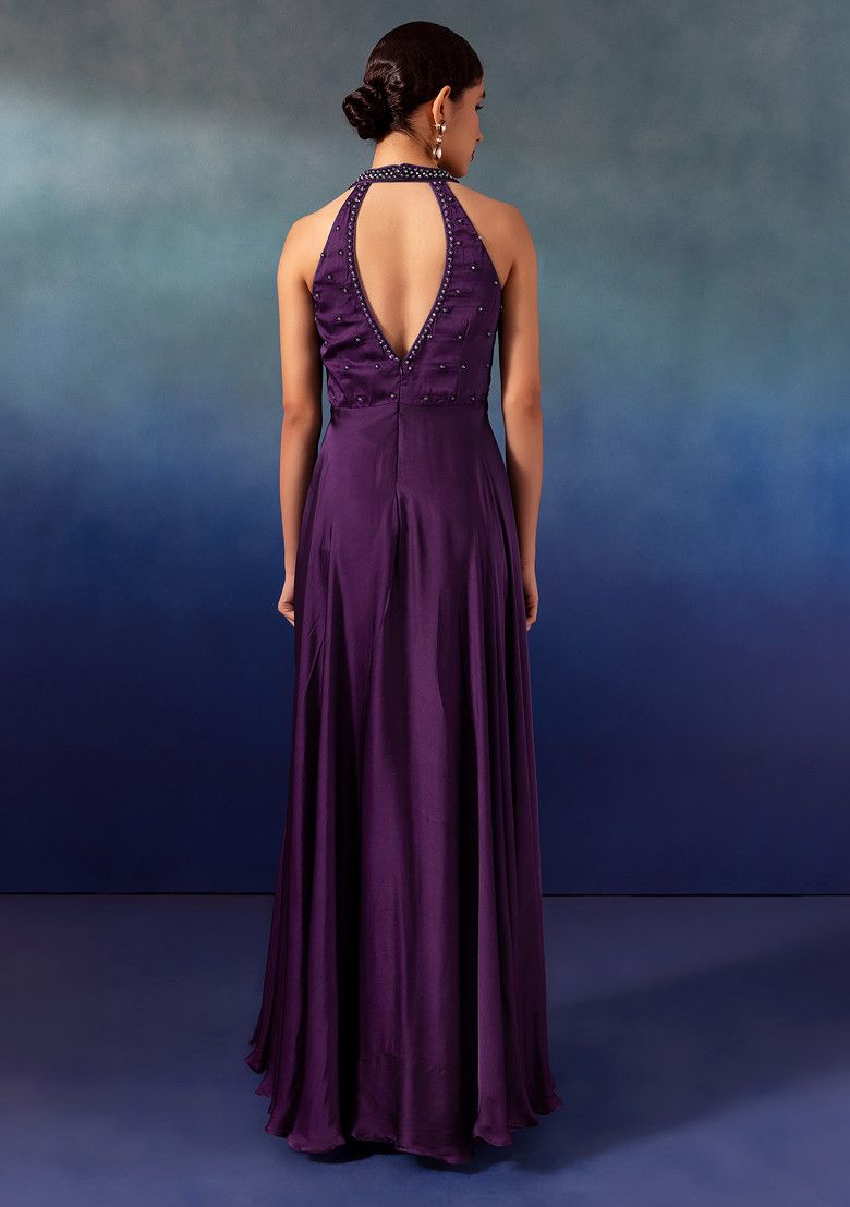 Purple Sequin Hand Embroidered Satin Gown