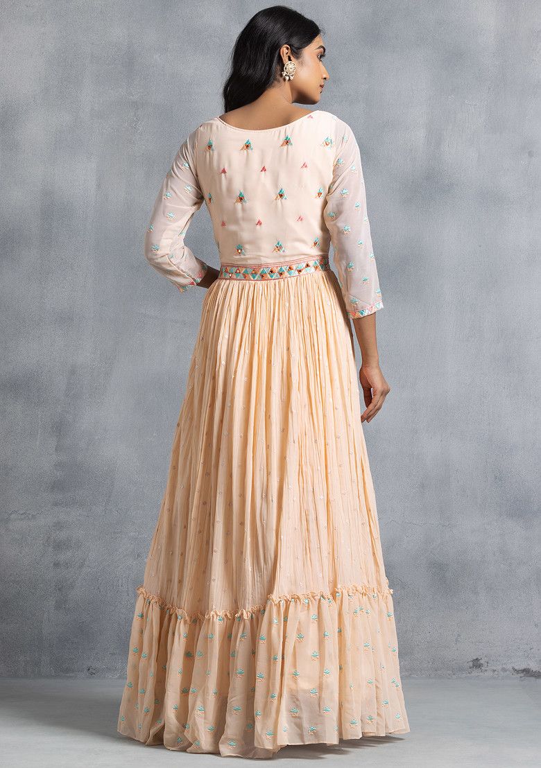 Peach Multicolour Geometric Embroidered Anarkali Kurta With Dupatta