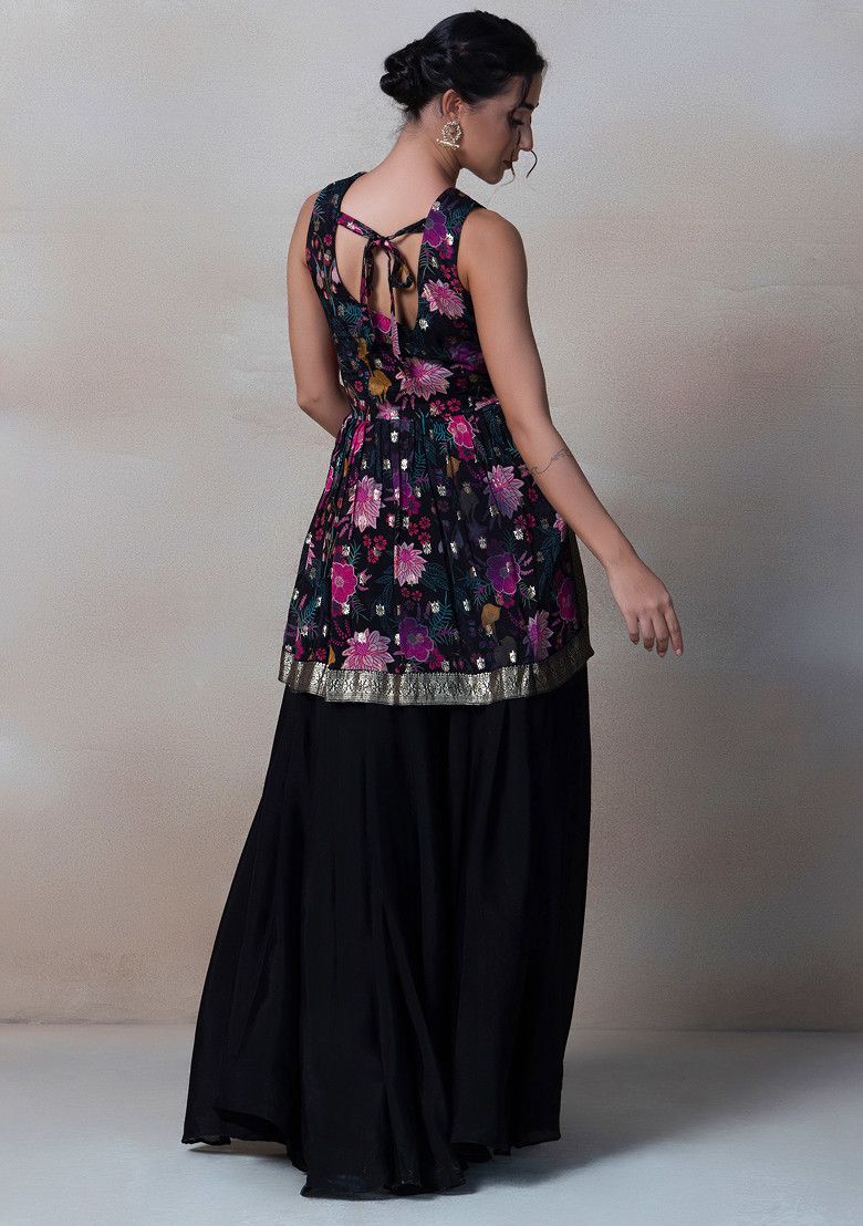 Black Floral Print Sharara Set With Sequin Embellished Short Kurta And Dupatta