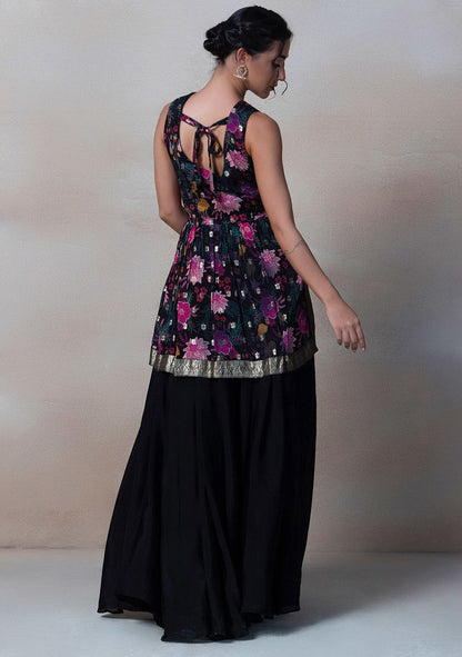 Black Floral Print Sharara Set With Sequin Embellished Short Kurta And Dupatta